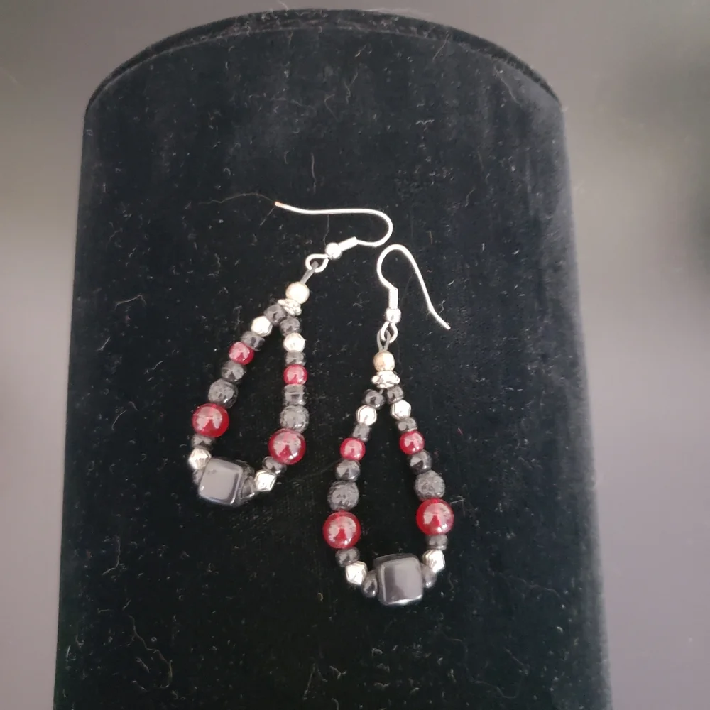 Dangle Beaded Earrings, Red & Black With Silver Ear Wire